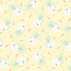 Image of Little Squirt Tossed Whale Pale Yellow quilting cotton fabric by Morris Creative Group for QT Fabrics. Features whales on a yellow background. Cute Little Fabric Shop.