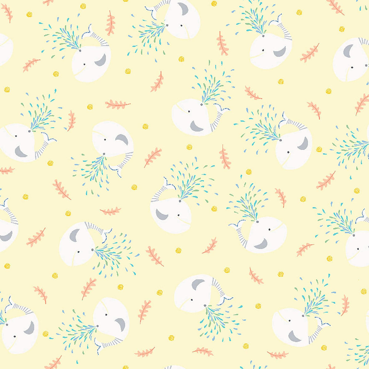 Image of Little Squirt Tossed Whale Pale Yellow quilting cotton fabric by Morris Creative Group for QT Fabrics. Features whales on a yellow background. Cute Little Fabric Shop.