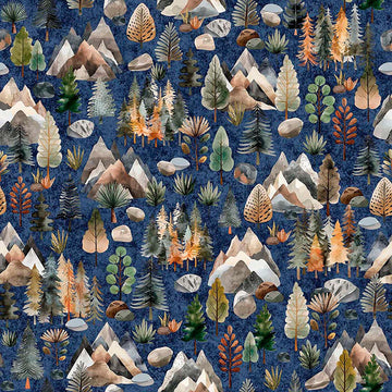 Image of Terrors of the Pleistocene Pleistocene Landscape Navy quilting cotton fabric by Morris Creative Group for QT Fabrics. Features plants and rocks on a blue background. Cute Little Fabric Shop.