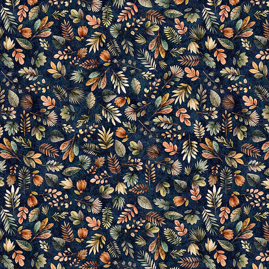 Image of Terrors of the Pleistocene Pleistocene Plants Navy quilting cotton fabric by Morris Creative Group for QT Fabrics. Features leaves on a blue background. Cute Little Fabric Shop.