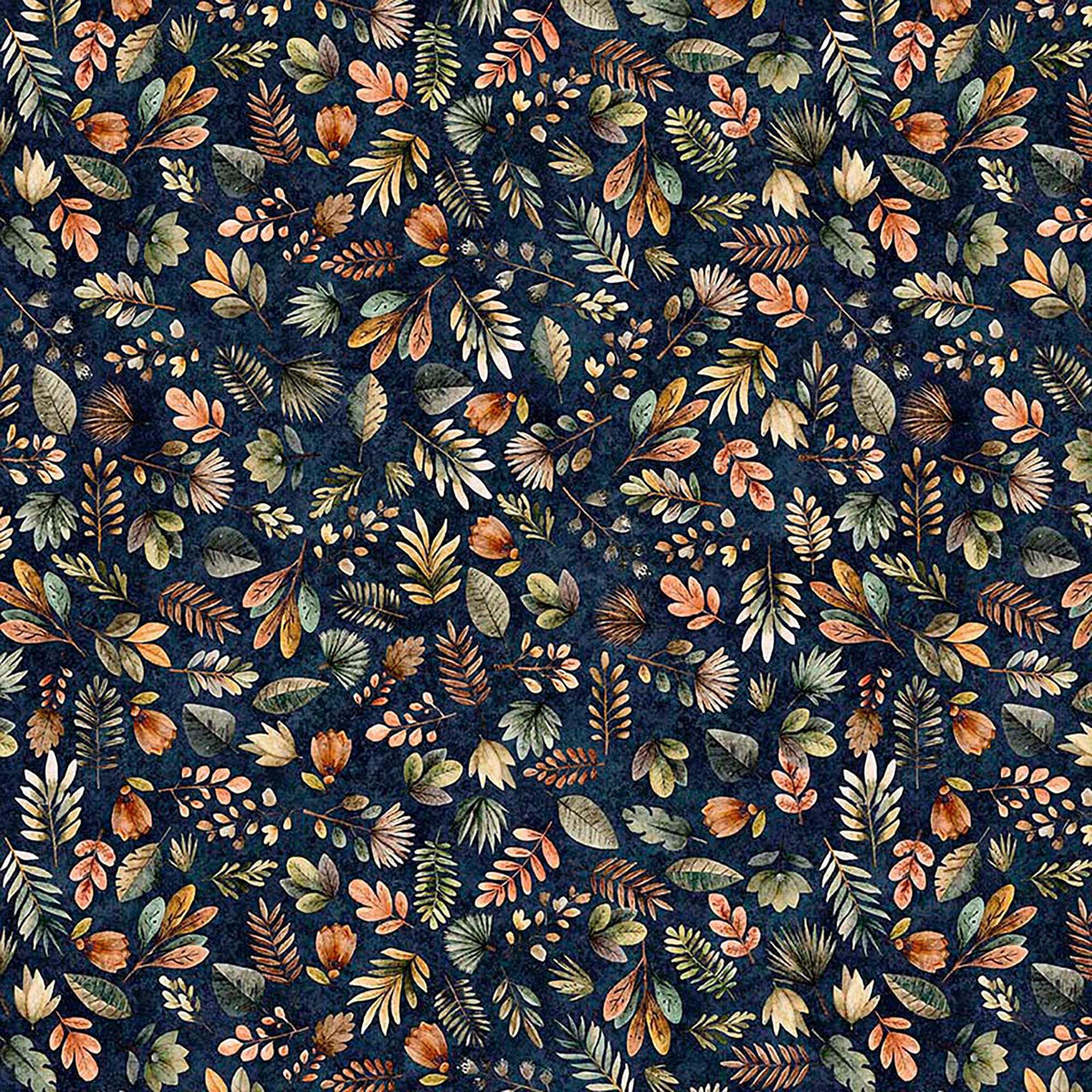 Image of Terrors of the Pleistocene Pleistocene Plants Navy quilting cotton fabric by Morris Creative Group for QT Fabrics. Features leaves on a blue background. Cute Little Fabric Shop.