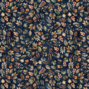 Image of Terrors of the Pleistocene Pleistocene Plants Navy quilting cotton fabric by Morris Creative Group for QT Fabrics. Features leaves on a blue background. Cute Little Fabric Shop.