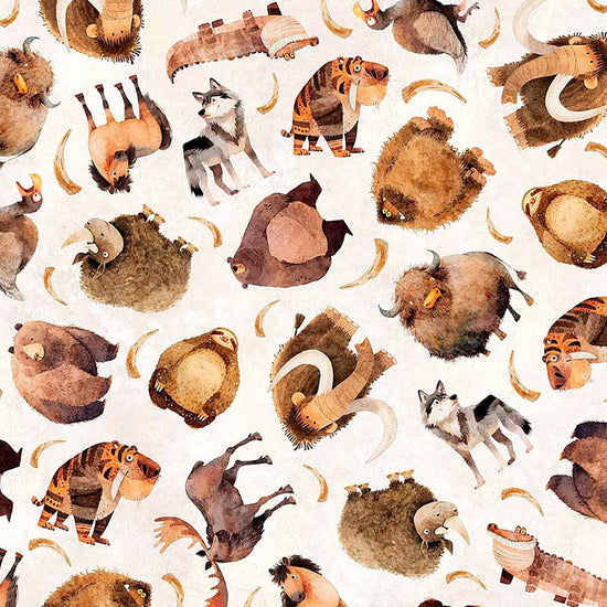 Image of Terrors of the Pleistocene Pleistocene Toss Cream quilting cotton fabric by Morris Creative Group for QT Fabrics. Features extinct animals on a white background. Cute Little Fabric Shop.