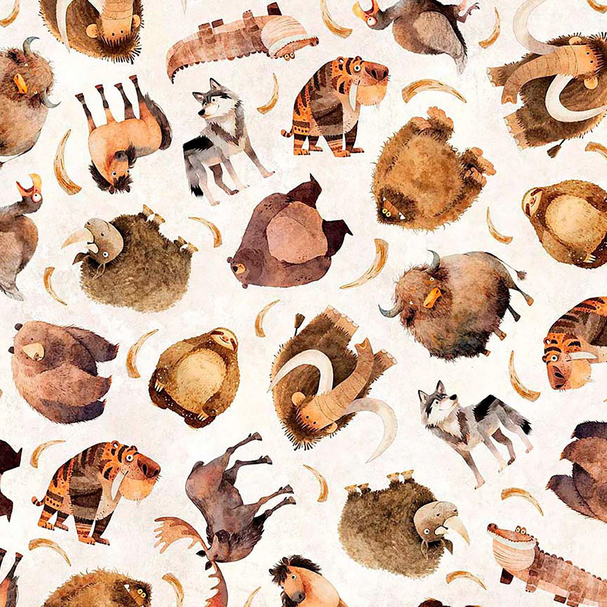 Image of Terrors of the Pleistocene Pleistocene Toss Cream quilting cotton fabric by Morris Creative Group for QT Fabrics. Features extinct animals on a white background. Cute Little Fabric Shop.