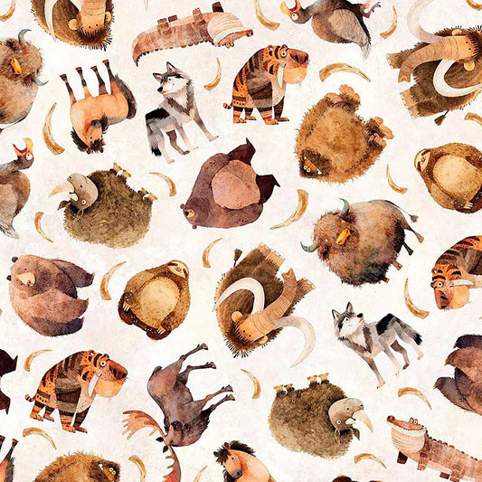 Image of Terrors of the Pleistocene Pleistocene Toss Cream quilting cotton fabric by Morris Creative Group for QT Fabrics. Features extinct animals on a white background. Cute Little Fabric Shop.