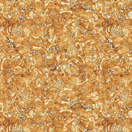 Image of Terrors of the Pleistocene Fossil Bed Honey quilting cotton fabric by Morris Creative Group for QT Fabrics. Features bones on a yellow background. Cute Little Fabric Shop.