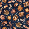 Image of Terrors of the Pleistocene Pleistocene Navy quilting cotton fabric by Morris Creative Group for QT Fabrics. Features extinct animals on a blue background. Cute Little Fabric Shop.
