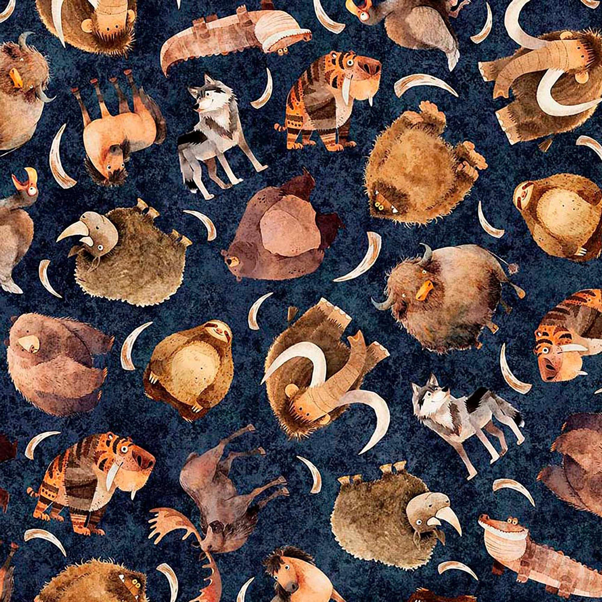 Image of Terrors of the Pleistocene Pleistocene Navy quilting cotton fabric by Morris Creative Group for QT Fabrics. Features extinct animals on a blue background. Cute Little Fabric Shop.