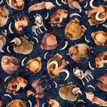 Image of Terrors of the Pleistocene Pleistocene Navy quilting cotton fabric by Morris Creative Group for QT Fabrics. Features extinct animals on a blue background. Cute Little Fabric Shop.
