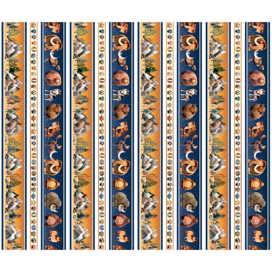 Image of Terrors of the Pleistocene Pleistocene Border Stripe Multi quilting cotton fabric by Morris Creative Group for QT Fabrics. Features extinct animals on a brown and blue background. Cute Little Fabric Shop.