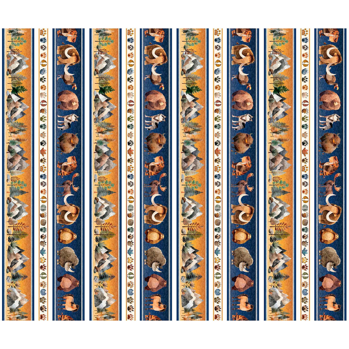 Image of Terrors of the Pleistocene Pleistocene Border Stripe Multi quilting cotton fabric by Morris Creative Group for QT Fabrics. Features extinct animals on a brown and blue background. Cute Little Fabric Shop.