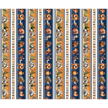 Image of Terrors of the Pleistocene Pleistocene Border Stripe Multi quilting cotton fabric by Morris Creative Group for QT Fabrics. Features extinct animals on a brown and blue background. Cute Little Fabric Shop.
