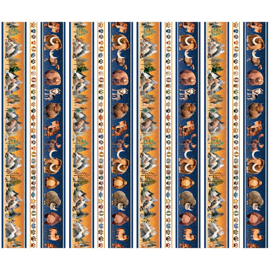 Image of Terrors of the Pleistocene Pleistocene Border Stripe Multi quilting cotton fabric by Morris Creative Group for QT Fabrics. Features extinct animals on a brown and blue background. Cute Little Fabric Shop.