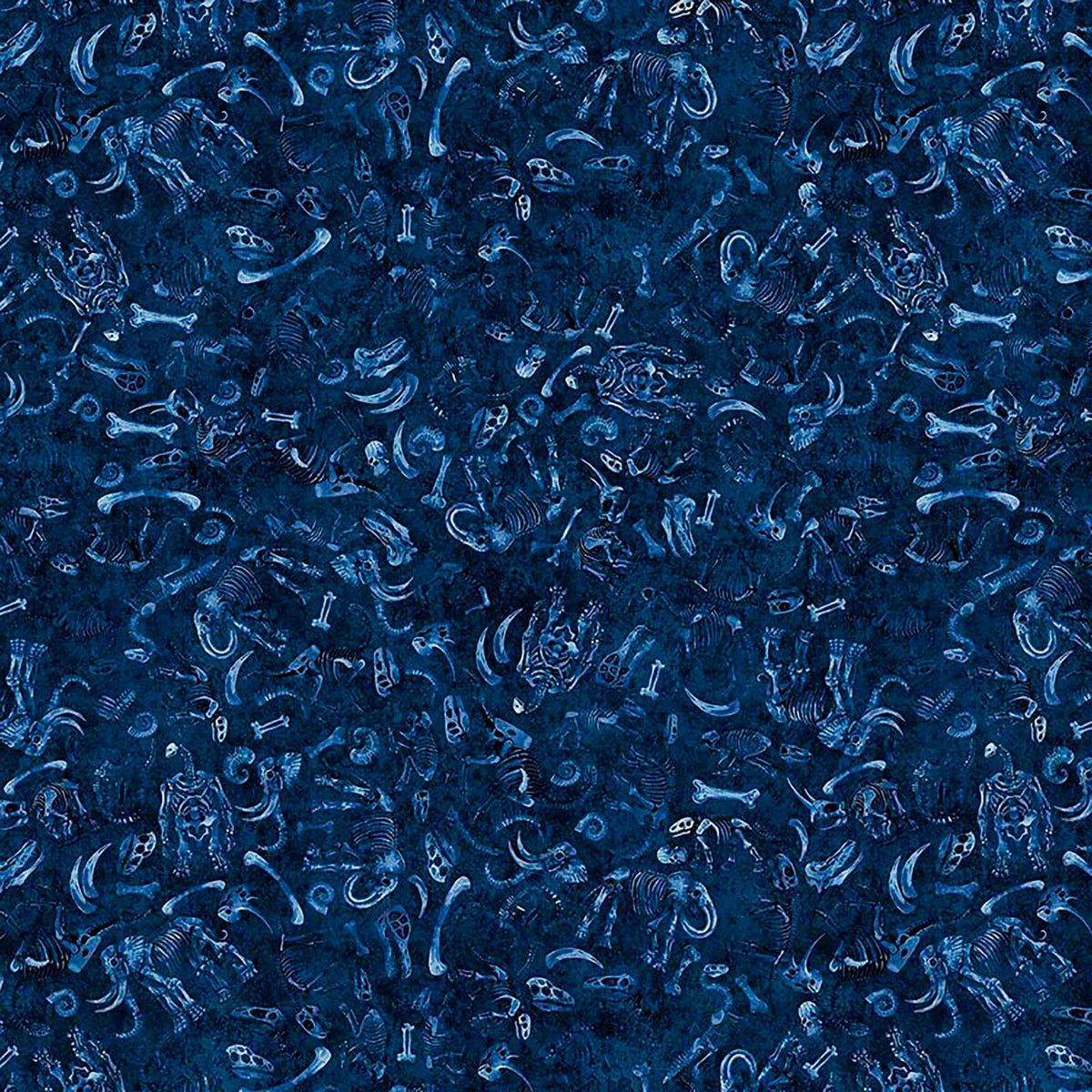 Image of Terrors of the Pleistocene Fossil Bed Navy quilting cotton fabric by Morris Creative Group for QT Fabrics. Features bones on a blue background. Cute Little Fabric Shop.
