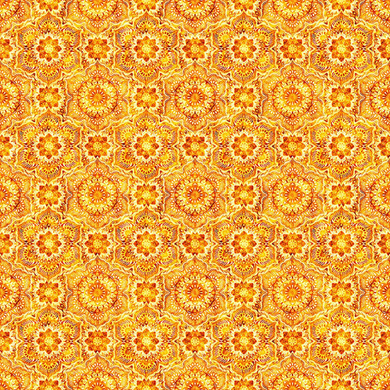 Image of Daisy Delights Floral Arabesque Orange quilting cotton fabric by Morris Creative Group for QT Fabrics. Features flowers on an orange background. Cute Little Fabric Shop.