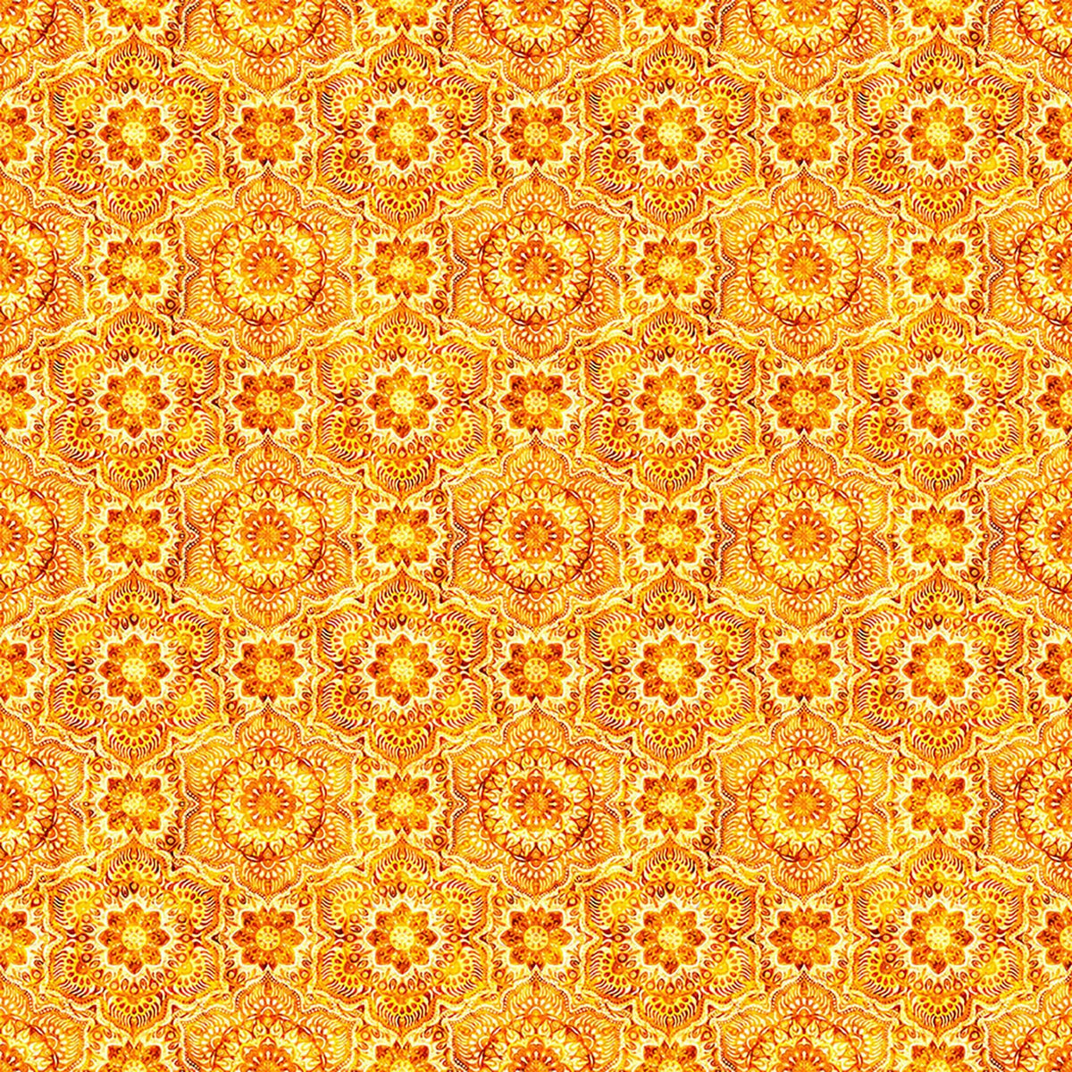 Image of Daisy Delights Floral Arabesque Orange quilting cotton fabric by Morris Creative Group for QT Fabrics. Features flowers on an orange background. Cute Little Fabric Shop.
