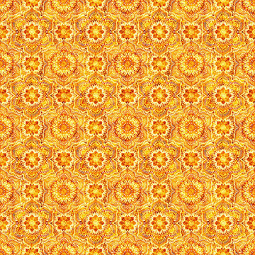 Image of Daisy Delights Floral Arabesque Orange quilting cotton fabric by Morris Creative Group for QT Fabrics. Features flowers on an orange background. Cute Little Fabric Shop.