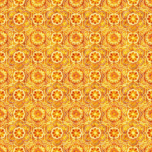 Image of Daisy Delights Floral Arabesque Orange quilting cotton fabric by Morris Creative Group for QT Fabrics. Features flowers on an orange background. Cute Little Fabric Shop.