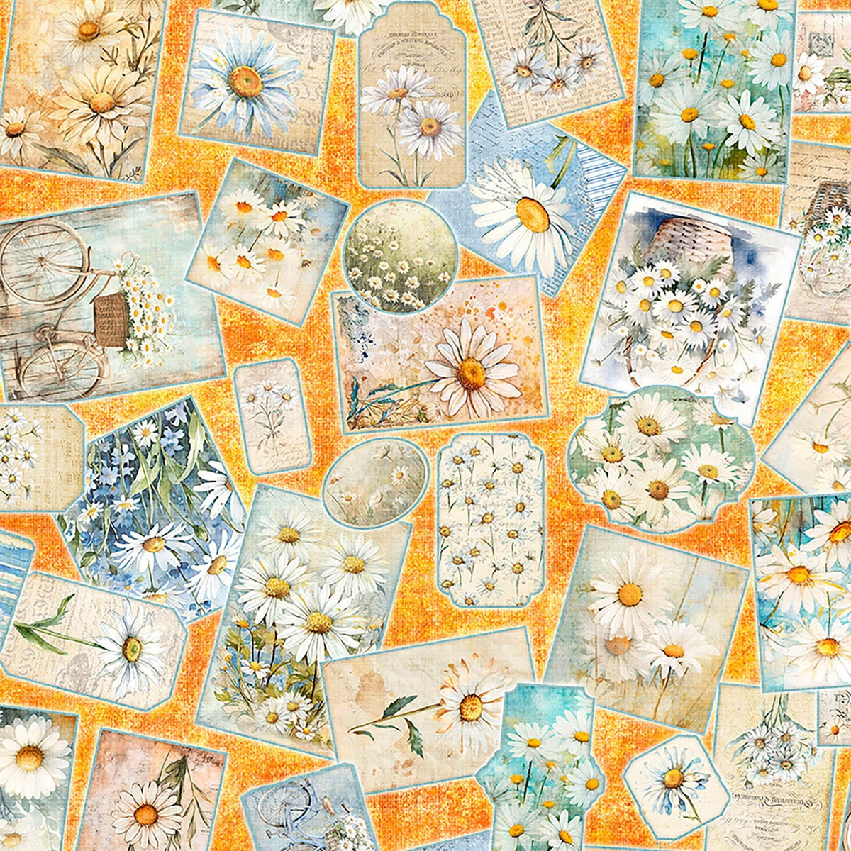 Image of Daisy Delights Daisy Patches Orange quilting cotton fabric by Morris Creative Group for QT Fabrics. Features flowers on an orange background. Cute Little Fabric Shop.