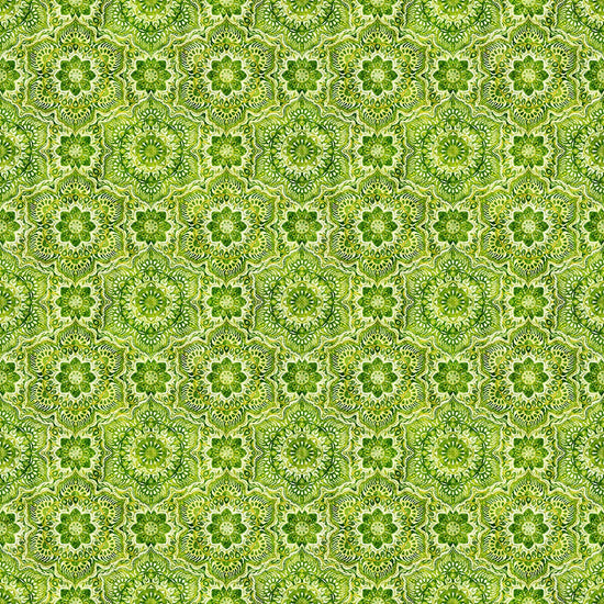 Image of Daisy Delights Floral Arabesque Lime quilting cotton fabric by Morris Creative Group for QT Fabrics. Features flowers on a green background. Cute Little Fabric Shop.