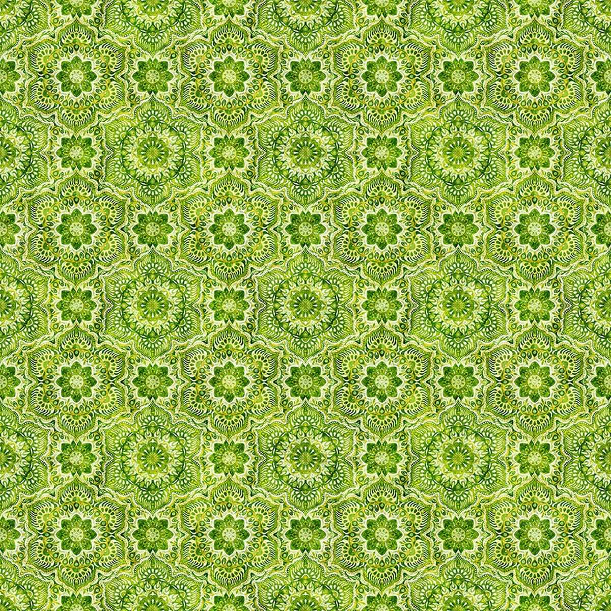 Image of Daisy Delights Floral Arabesque Lime quilting cotton fabric by Morris Creative Group for QT Fabrics. Features flowers on a green background. Cute Little Fabric Shop.