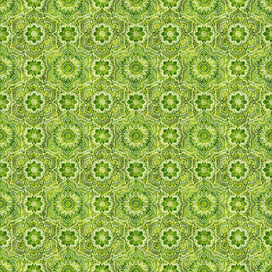 Image of Daisy Delights Floral Arabesque Lime quilting cotton fabric by Morris Creative Group for QT Fabrics. Features flowers on a green background. Cute Little Fabric Shop.
