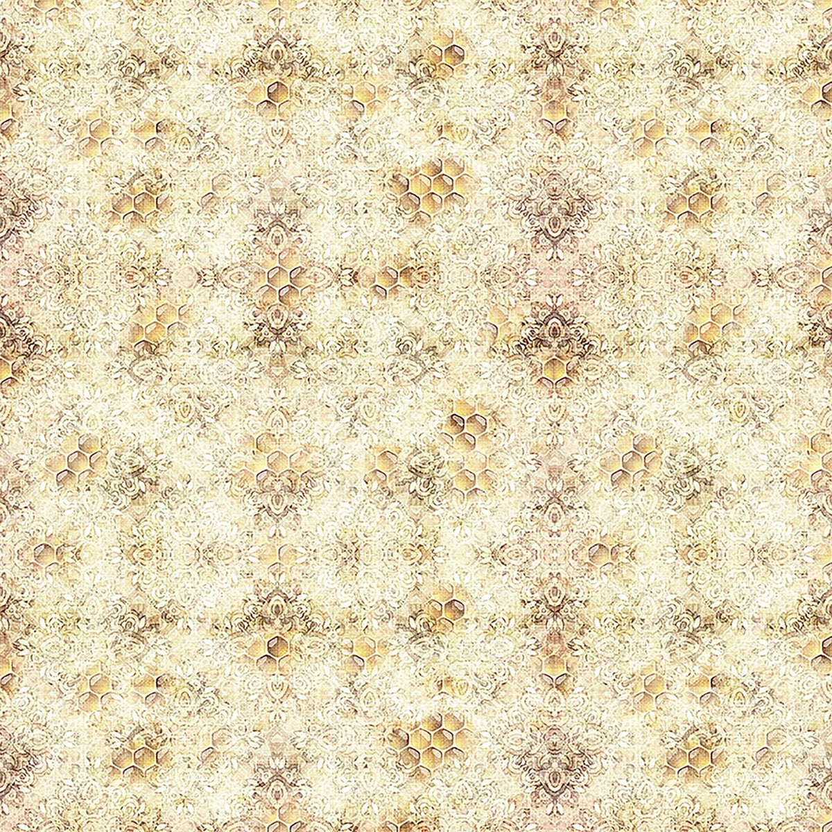 Image of Daisy Delights Bee Blender Cream quilting cotton fabric by Morris Creative Group for QT Fabrics. Features hexagons on a cream background. Cute Little Fabric Shop.