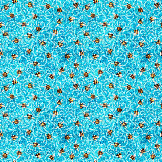 Image of Daisy Delights Ditsy Cyan quilting cotton fabric by Morris Creative Group for QT Fabrics. Features flowers on a blue background. Cute Little Fabric Shop.