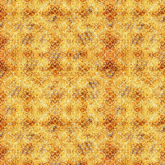 Image of Daisy Delights Bee Blender Orange quilting cotton fabric by Morris Creative Group for QT Fabrics. Features hexagons on an orange background. Cute Little Fabric Shop.