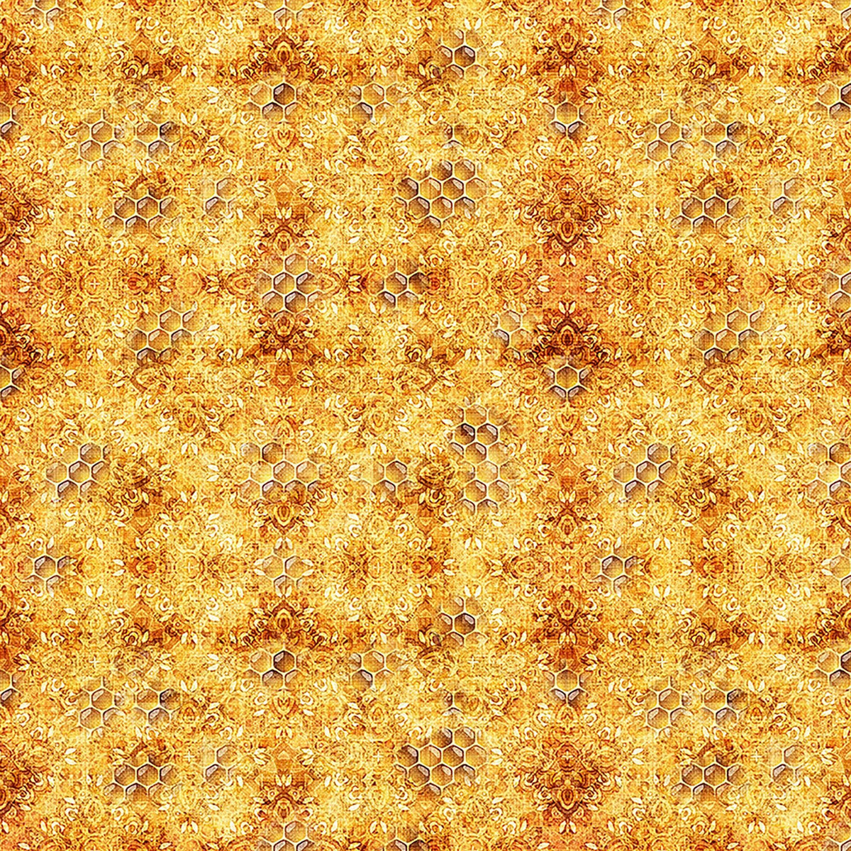 Image of Daisy Delights Bee Blender Orange quilting cotton fabric by Morris Creative Group for QT Fabrics. Features hexagons on an orange background. Cute Little Fabric Shop.