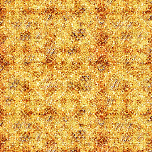 Image of Daisy Delights Bee Blender Orange quilting cotton fabric by Morris Creative Group for QT Fabrics. Features hexagons on an orange background. Cute Little Fabric Shop.