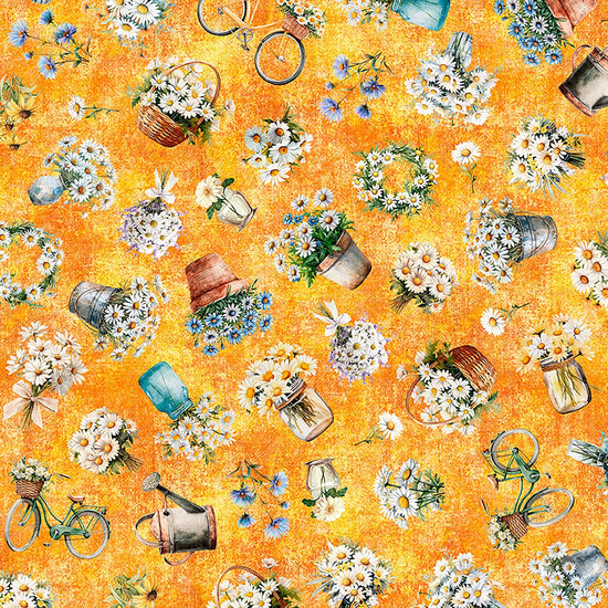 Image of Daisy Delights Garden Toss Orange quilting cotton fabric by Morris Creative Group for QT Fabrics. Features flowers on an orange background. Cute Little Fabric Shop.