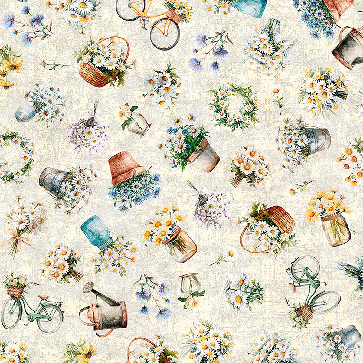Image of Daisy Delights Daisy Garden Toss Cream quilting cotton fabric by Morris Creative Group for QT Fabrics. Features flowers on a cream background. Cute Little Fabric Shop.