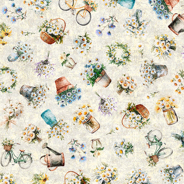Image of Daisy Delights Daisy Garden Toss Cream quilting cotton fabric by Morris Creative Group for QT Fabrics. Features flowers on a cream background. Cute Little Fabric Shop.