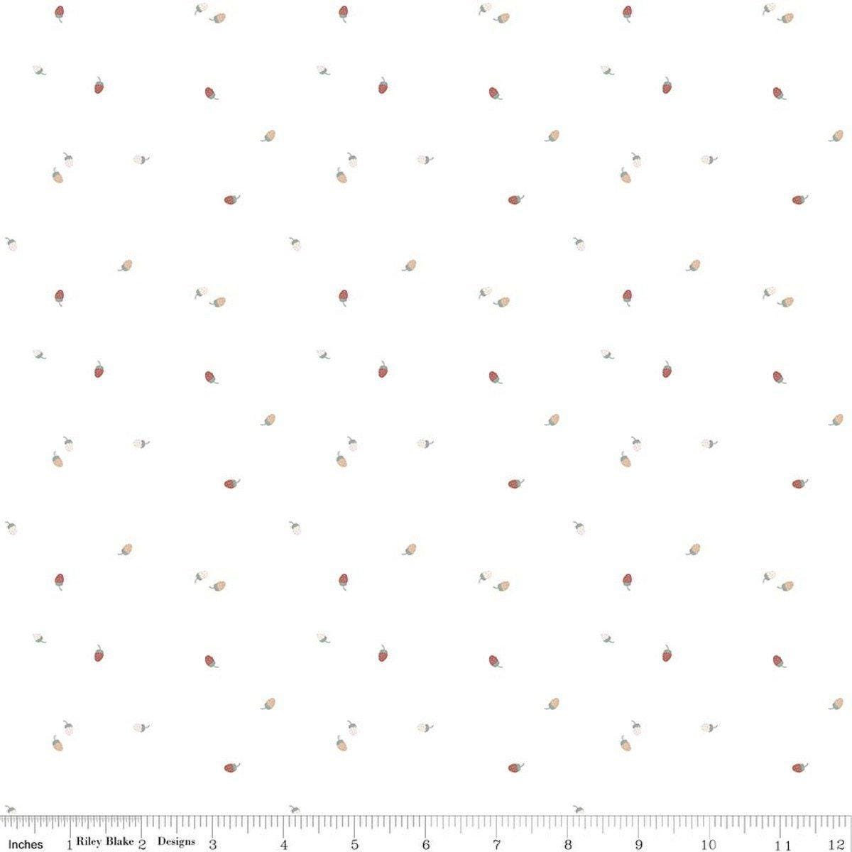 Image of Hush Hush 6 Bit of Berries White quilting cotton fabric by assorted designers for Riley Blake Designs. Features berries on a white background. Cute Little Fabric Shop.