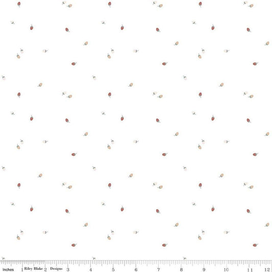 Image of Hush Hush 6 Bit of Berries White quilting cotton fabric by assorted designers for Riley Blake Designs. Features berries on a white background. Cute Little Fabric Shop.