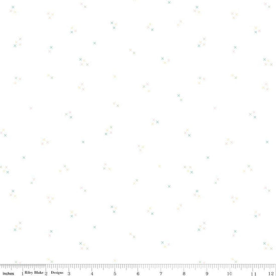 Image of Hush Hush 6 In Stitches White quilting cotton fabric by assorted designers for Riley Blake Designs. Features tiny xs on a white background. Cute Little Fabric Shop.