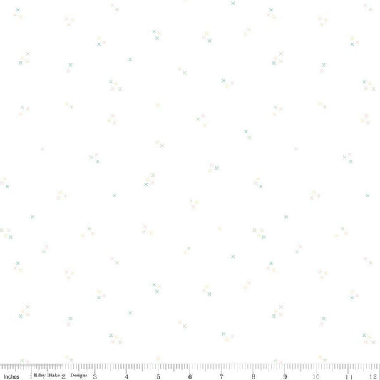 Image of Hush Hush 6 In Stitches White quilting cotton fabric by assorted designers for Riley Blake Designs. Features tiny xs on a white background. Cute Little Fabric Shop.