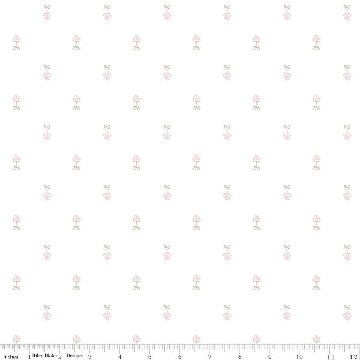 Image of Hush Hush 6 Heart on a String quilting cotton fabric by assorted designers for Riley Blake Designs. Features hearts on a white background. Cute Little Fabric Shop.