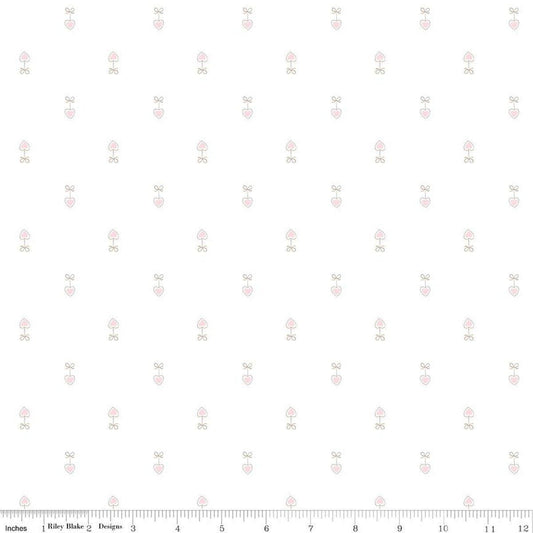 Image of Hush Hush 6 Heart on a String quilting cotton fabric by assorted designers for Riley Blake Designs. Features hearts on a white background. Cute Little Fabric Shop.