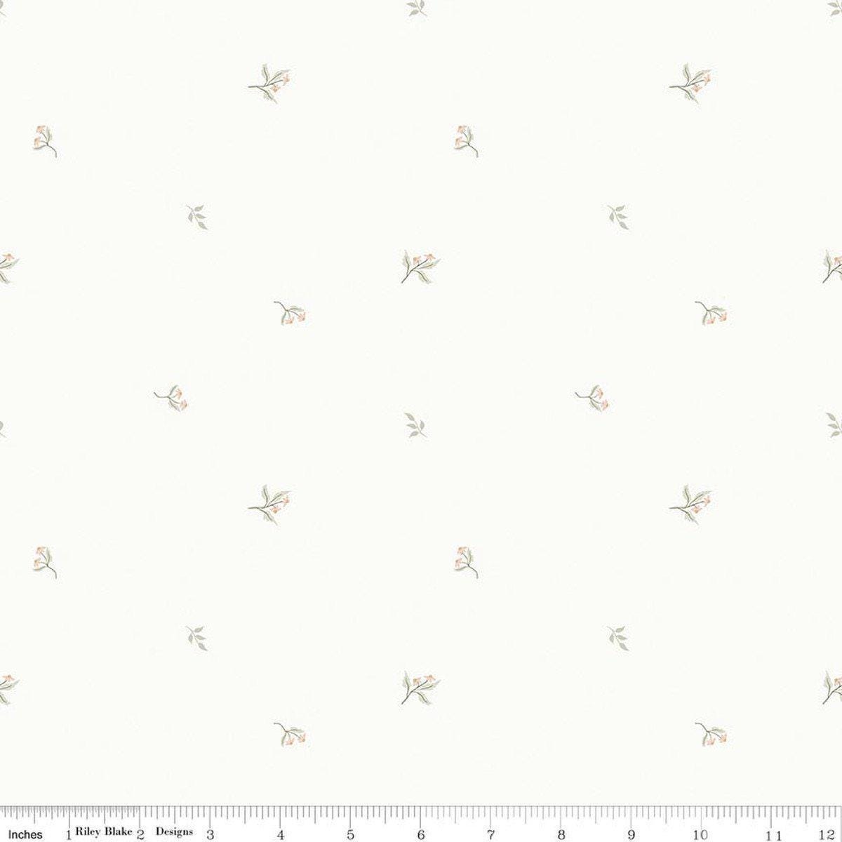 Image of Hush Hush 6 Petal Perfect White quilting cotton fabric by assorted designers for Riley Blake Designs. Features flowers on a white background. Cute Little Fabric Shop.