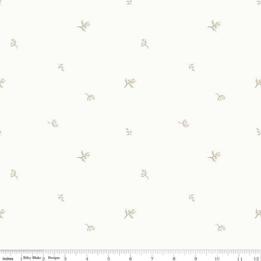 Image of Hush Hush 6 Petal Perfect White quilting cotton fabric by assorted designers for Riley Blake Designs. Features flowers on a white background. Cute Little Fabric Shop.