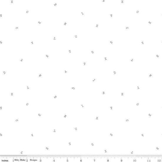 Image of Hush Hush 6 A to Z White quilting cotton fabric by assorted designers for Riley Blake Designs. Features letters on a white background. Cute Little Fabric Shop.