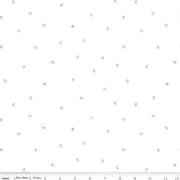 Image of Hush Hush 6 A to Z White quilting cotton fabric by assorted designers for Riley Blake Designs. Features letters on a white background. Cute Little Fabric Shop.