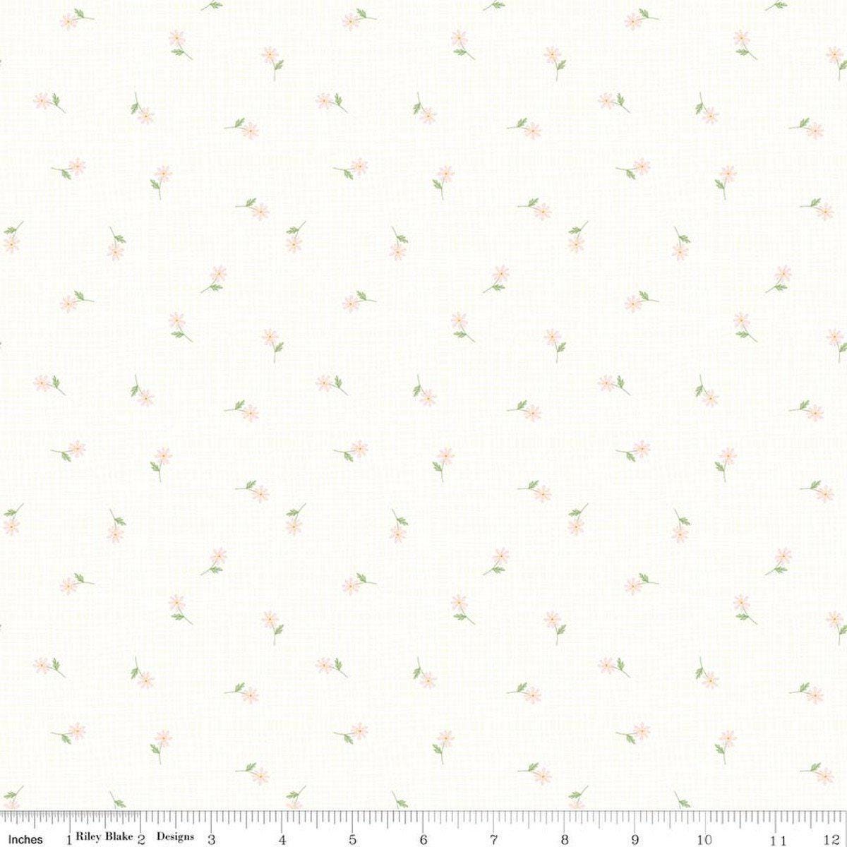Image of Hush Hush 6 Oopsies Daisy White quilting cotton fabric by assorted designers for Riley Blake Designs. Features flowers on a white background. Cute Little Fabric Shop.
