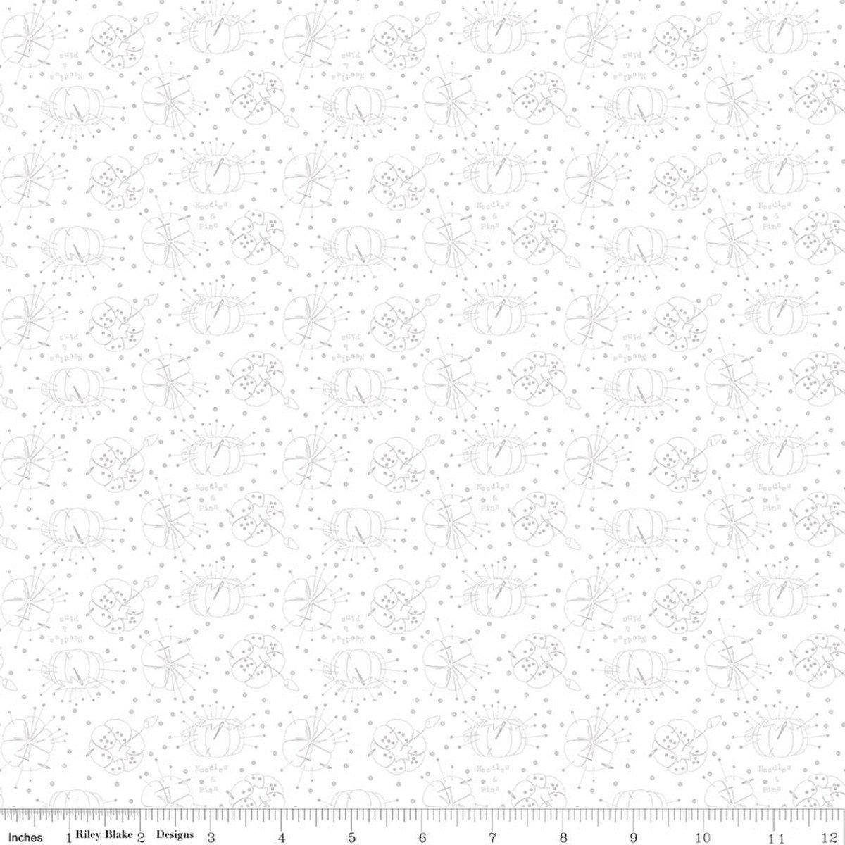 Image of Hush Hush 6 Thread Lightly White quilting cotton fabric by assorted designers for Riley Blake Designs. Features pincushions on a white background. Cute Little Fabric Shop.