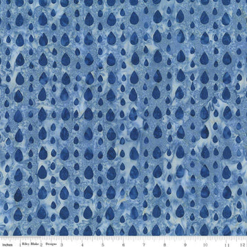 Image of Batiks Around the World London Whispering Moon quilting cotton fabric by Tara Reed for Riley Blake Designs. Features raindrops on a blue background. Cute Little Fabric Shop.