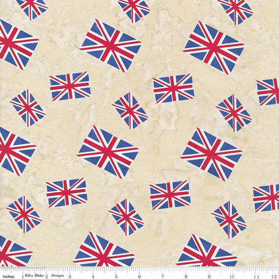 Image of Batiks Around the World London Toasted Almond quilting cotton fabric by Tara Reed for Riley Blake Designs. Features the british flag on a cream background. Cute Little Fabric Shop.