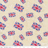 Image of Batiks Around the World London Toasted Almond quilting cotton fabric by Tara Reed for Riley Blake Designs. Features the british flag on a cream background. Cute Little Fabric Shop.