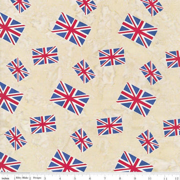 Image of Batiks Around the World London Toasted Almond quilting cotton fabric by Tara Reed for Riley Blake Designs. Features the british flag on a cream background. Cute Little Fabric Shop.